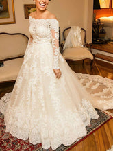 Beaded Off-the-shoulder Ball Gown Chapel Train Wedding Dress
